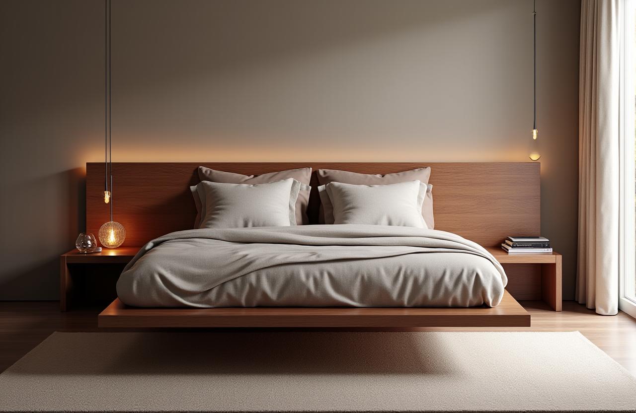 Cama de casal 'Estrela' com design flutuante e cabeceira em nogueira.