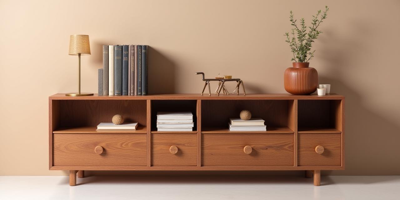 Estante baixa modular 'Baixa' em madeira de castanho.